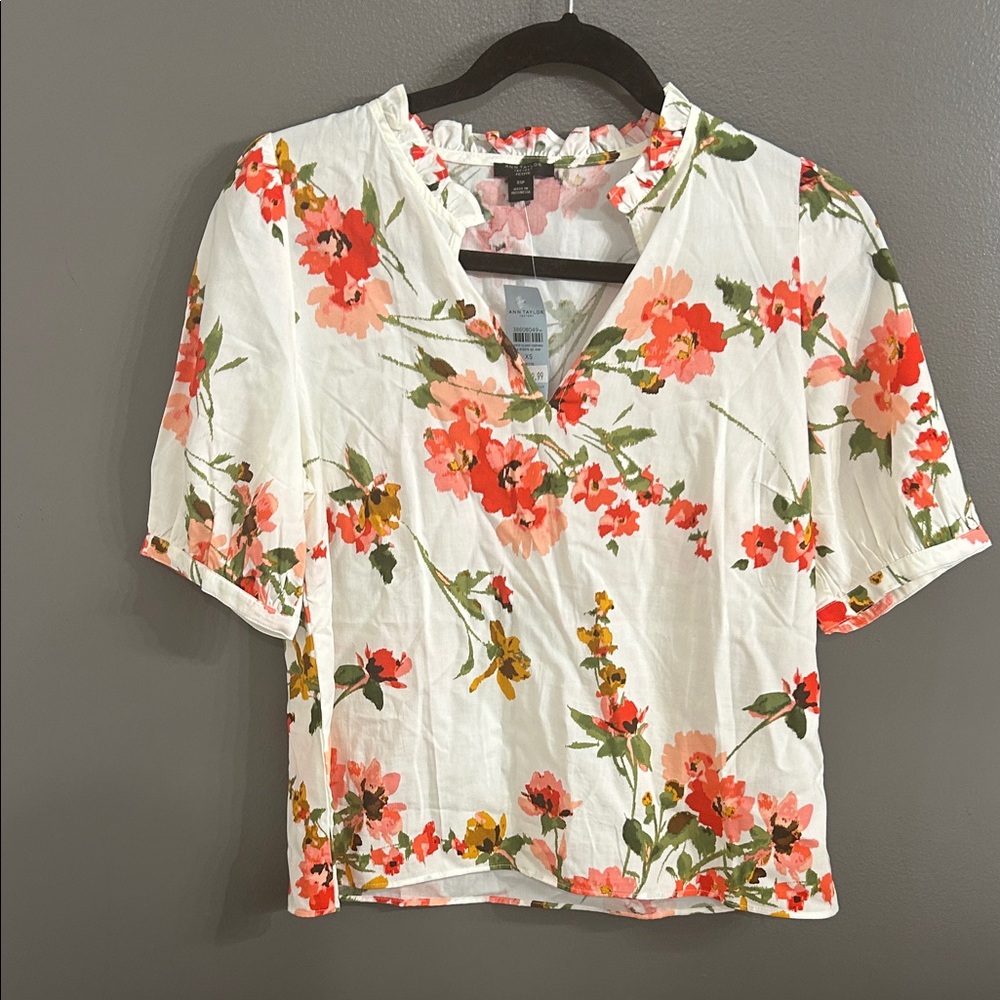 Ann Taylor Floral Blouse - White and Red